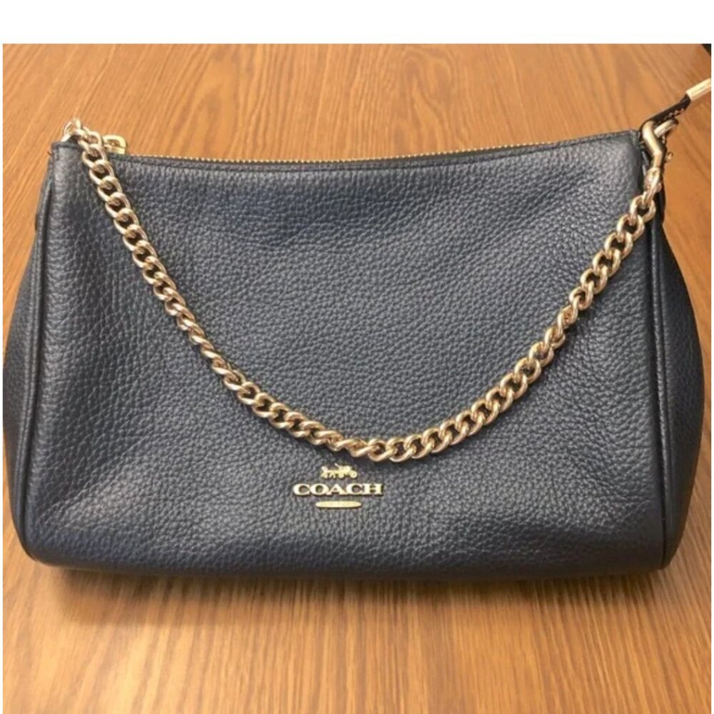 Coach Handbag “Carrie” Pebbled Dark Blue Leather Gold Chain EUC